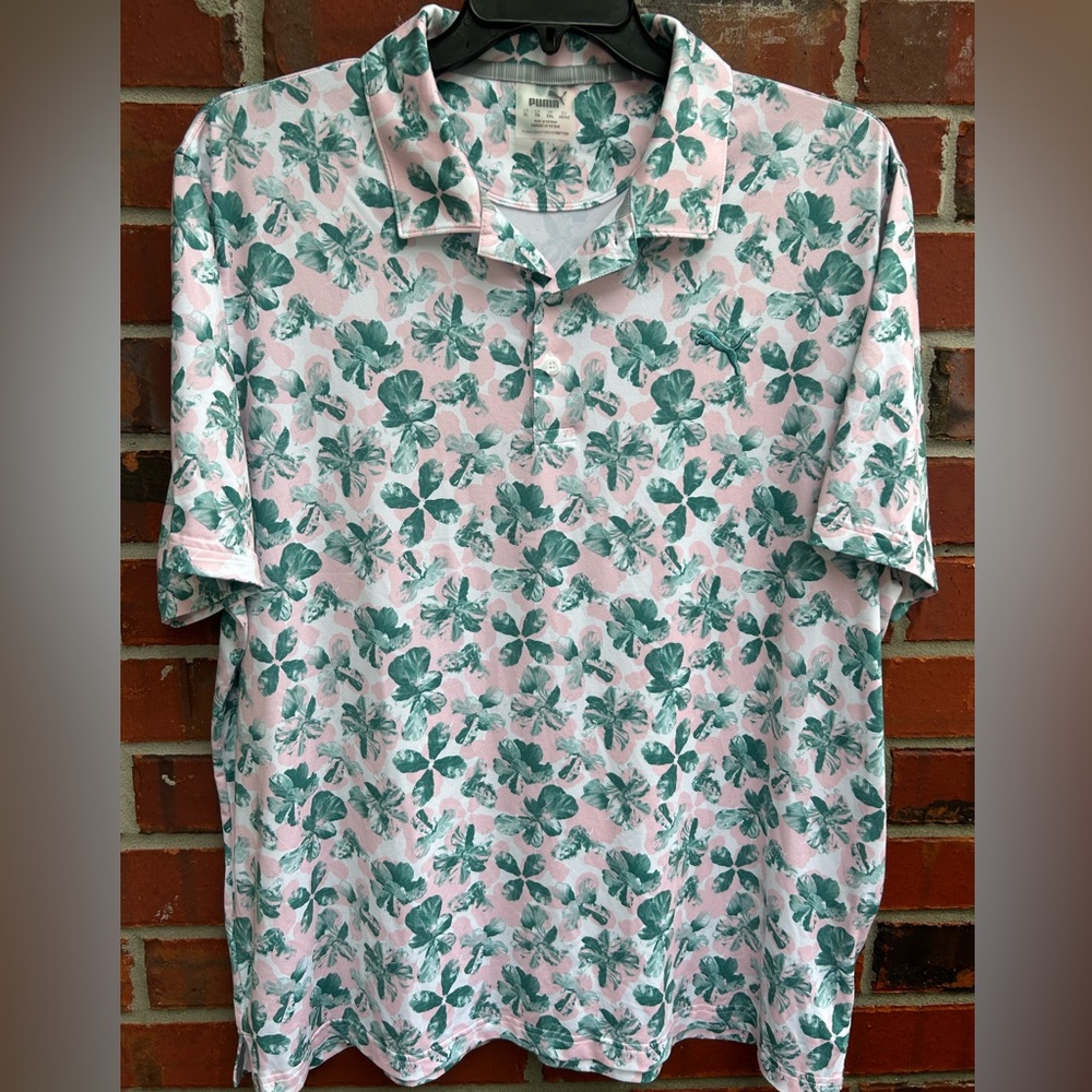 PUMA Men's Large Golf Pink Floral All Over Print Polo Short Sleeve XL Shirt C5